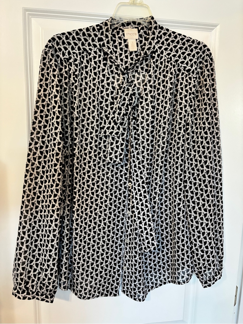 Chico's Black & White Geometric Tie-Neck Blouse